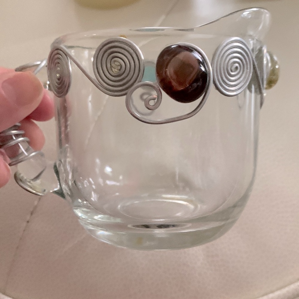Dary Rees Retro Vintage Glass Creamer Embellished Colorful Stones Wire Spirals